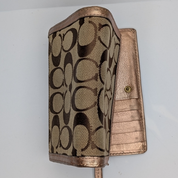Coach Wallet Signature Canvas Trifold Khaki Brown Rose Gold Metallic Leather - Picture 6 of 14